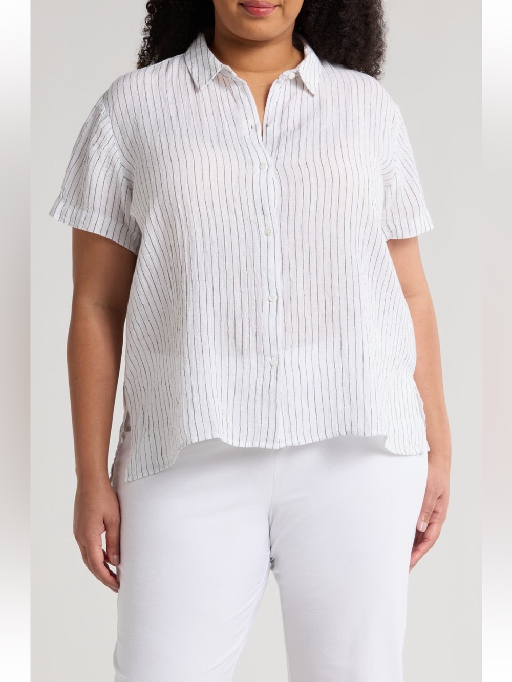 Eileen Fisher Striped Organic Linen Button Up Shirt Short Sleeve Medium